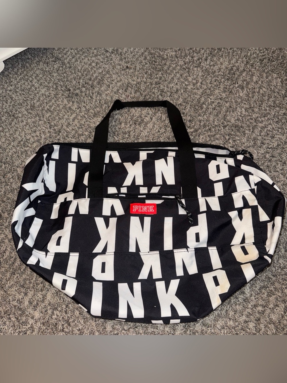 PINK Victoria's Secret Black & White Logo Duffel with Red Patch